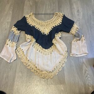 Elegant Navy and Cream Crochet Trim Top